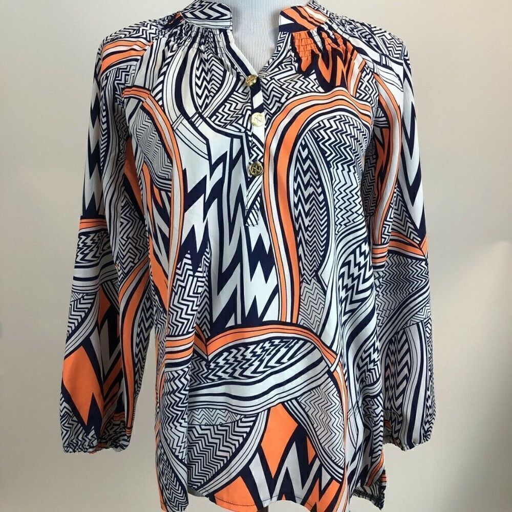 EUC!  Tracy Negoshian White Navy and Orange Blouse Size Extra Small  XS